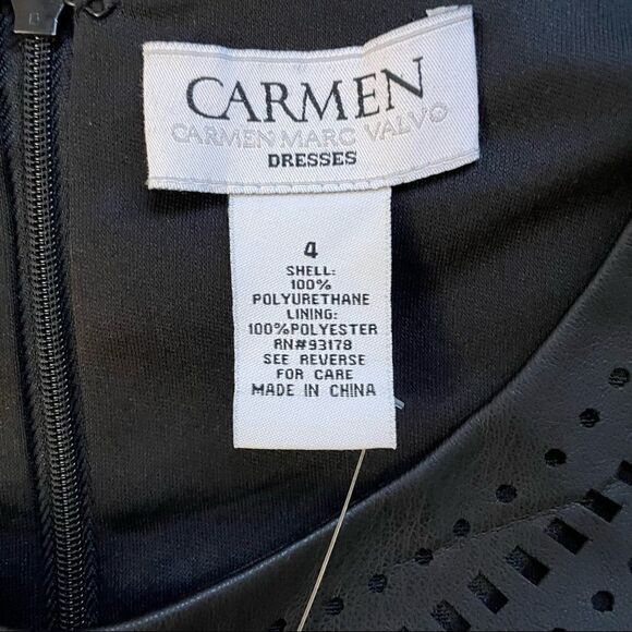 CARMEN MARC VALVO BLACK FAUX LEATHER LASER CUT SHIFT/ SLIP DRESS SIZE 4 NEW! - Picture 11 of 11